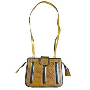 Vintage Leather Shoulder Bag Structured Crossbody Boho Purse Tooled Brown Black